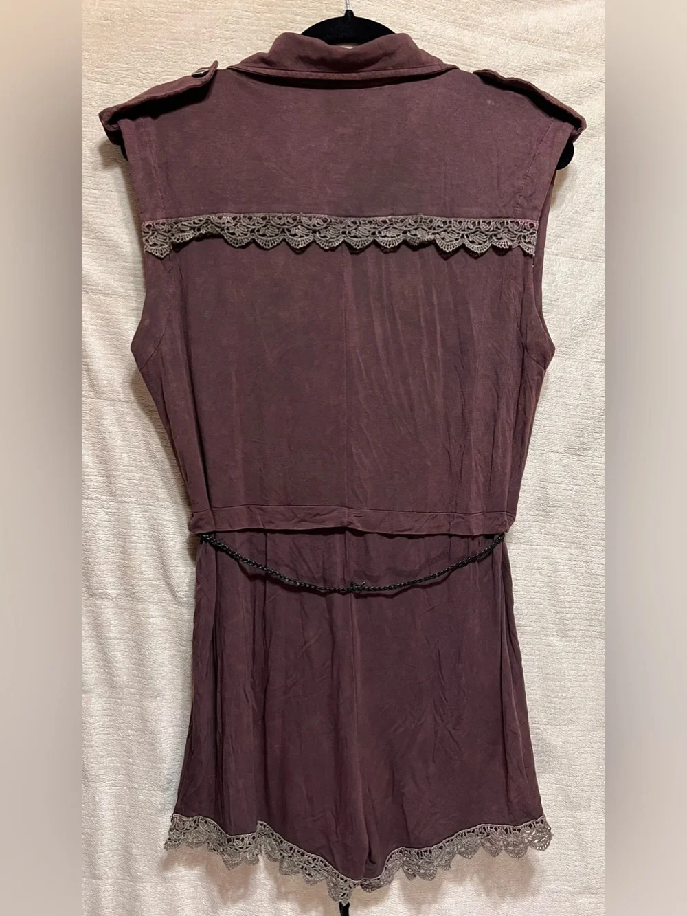 POL Dusty Mauve Utility Romper Leather Tassel Belt Lace Trim Zip Front Boho S - Picture 7 of 8